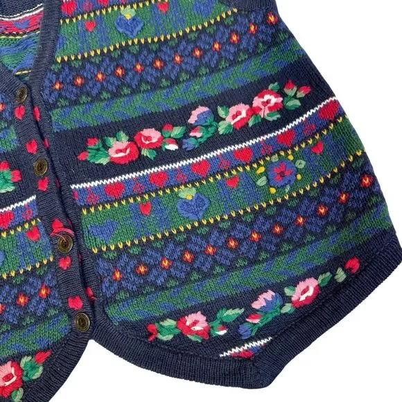 Vintage Erika Fair Isle Cottage Dark Floral Sweater Vest Size M Holiday Vintage - Picture 5 of 10